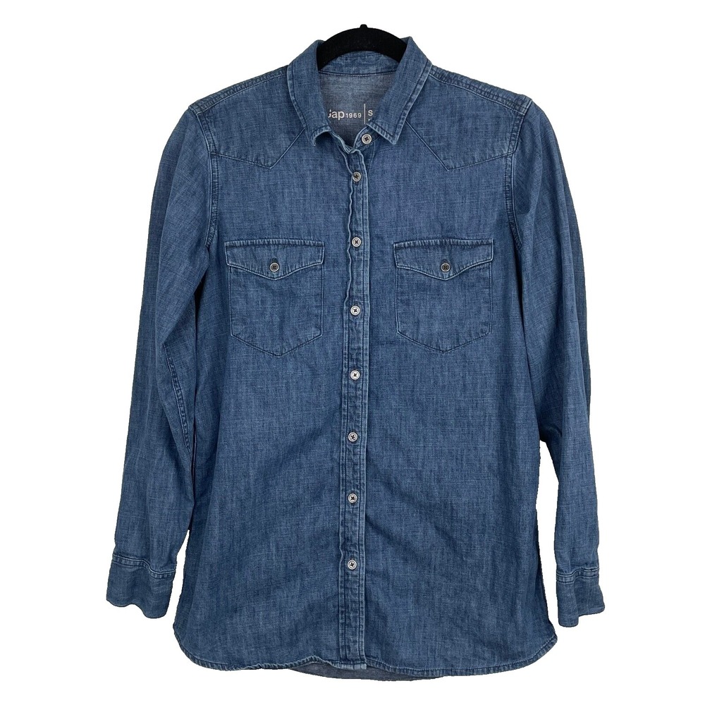 Gap 1969 Blue Denim Shirt Womens Small Tunic Top Blouse Button Up Western